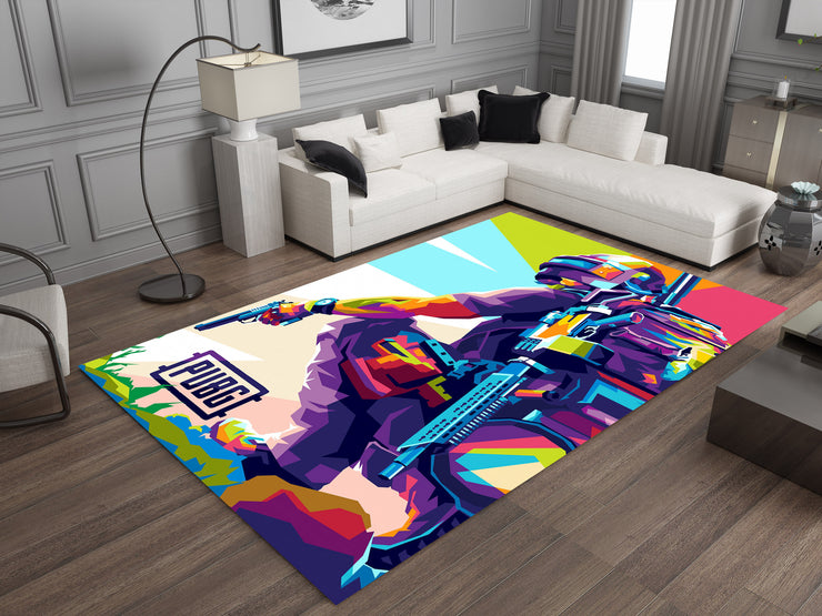 Vibrant PUBG Warrior Custom Rug – Battle Royale Gamer Room Decor, Gaming Room Carpet